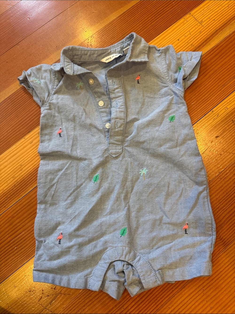 Janie and Jack Light Blue Polo Romper with Pink Flamingo Embroidery